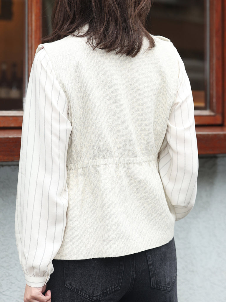 Classic Stripe Ruffle Collar Balloon Raglan Sleeve Silky Blouse