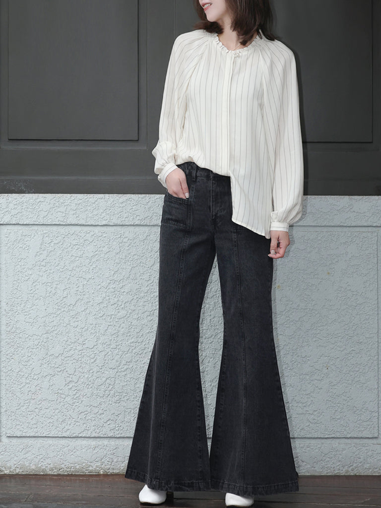 Classic Stripe Ruffle Collar Balloon Raglan Sleeve Silky Blouse