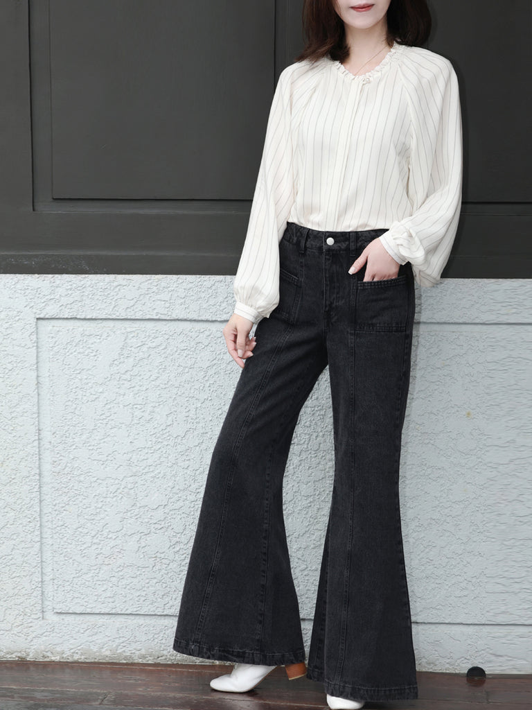 Classic Stripe Ruffle Collar Balloon Raglan Sleeve Silky Blouse