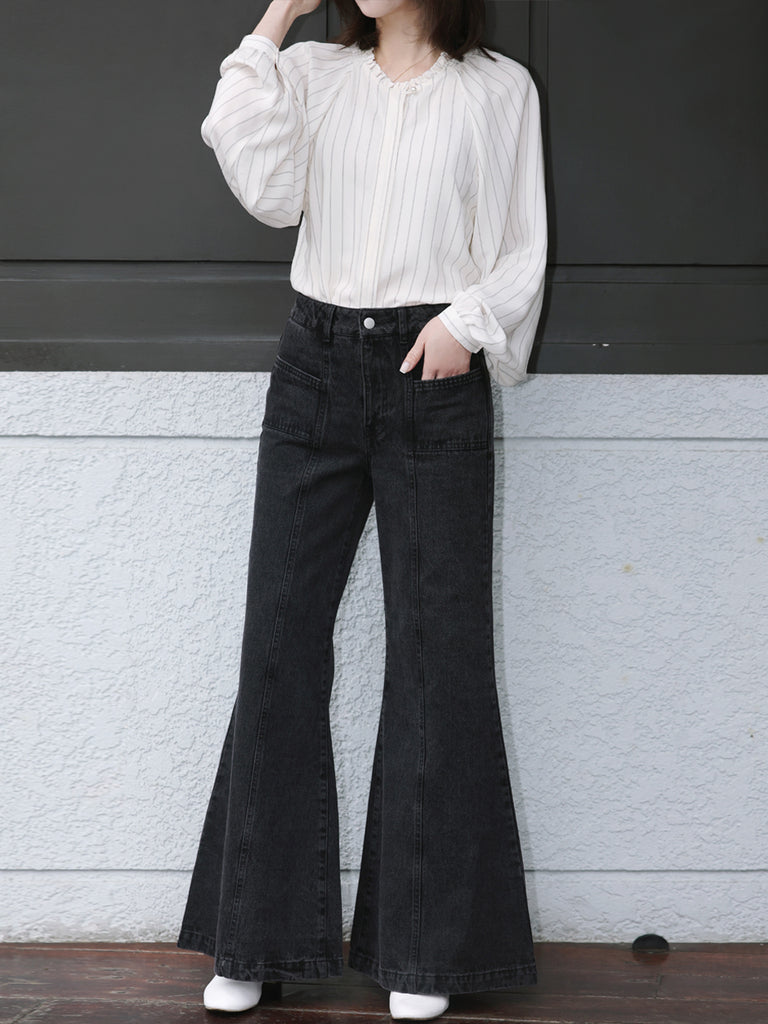 Classic Stripe Ruffle Collar Balloon Raglan Sleeve Silky Blouse