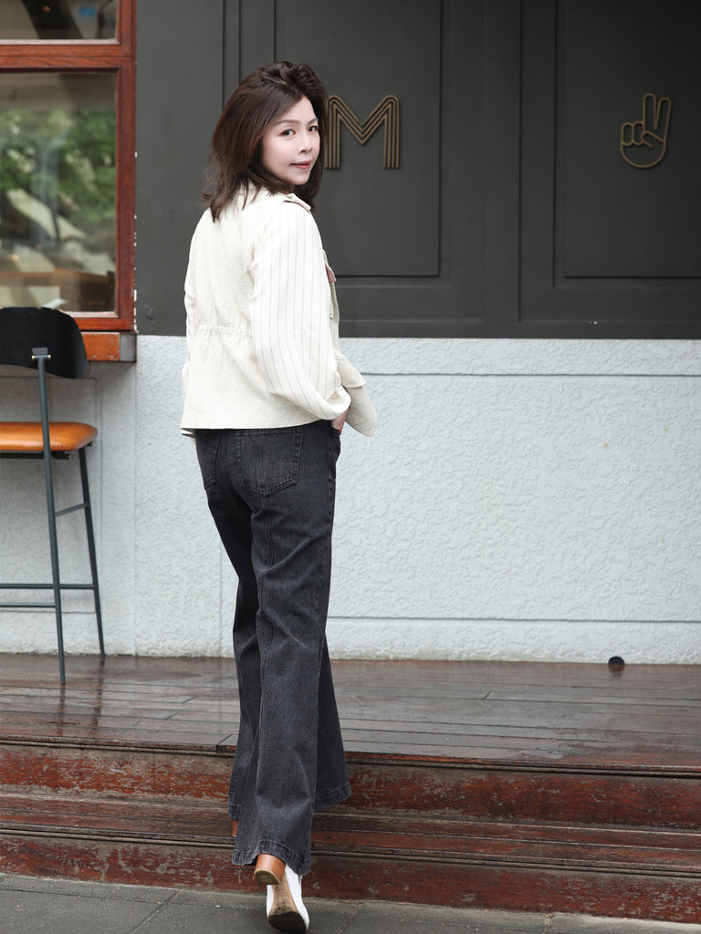 Classic Stripe Ruffle Collar Balloon Raglan Sleeve Silky Blouse