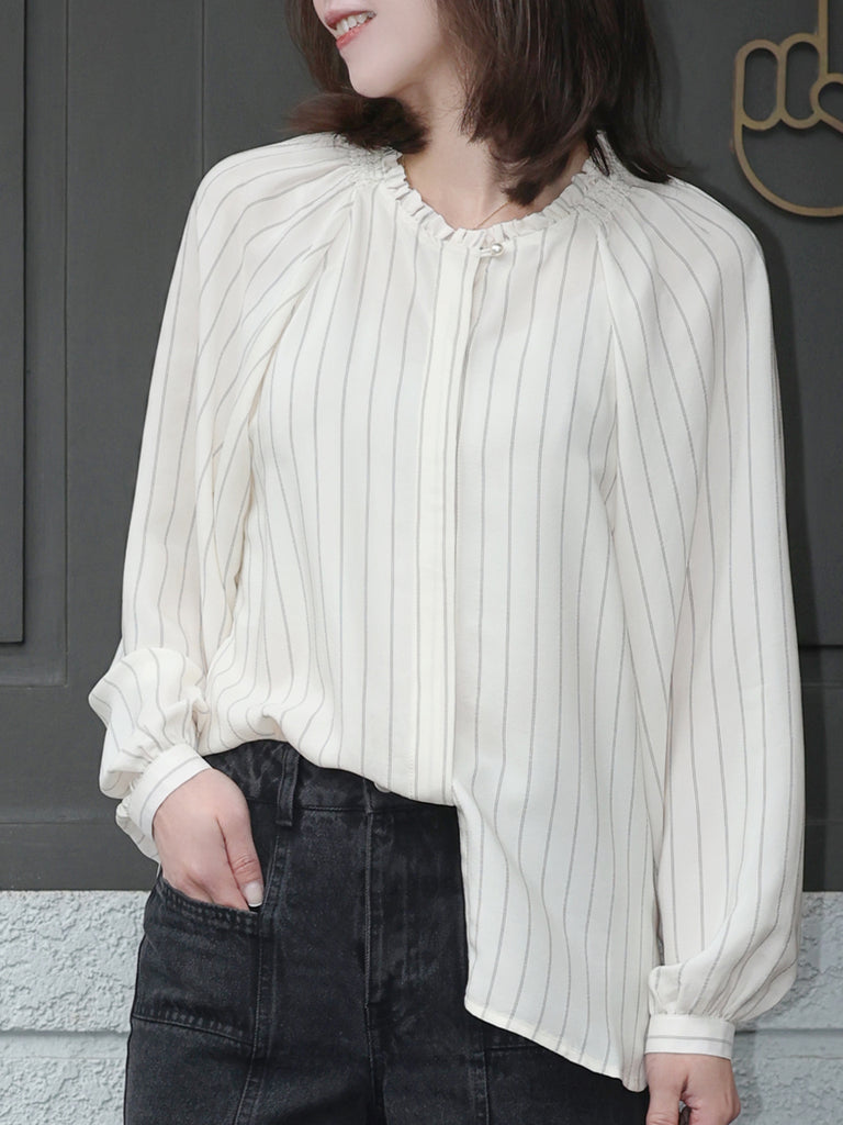 Classic Stripe Ruffle Collar Balloon Raglan Sleeve Silky Blouse
