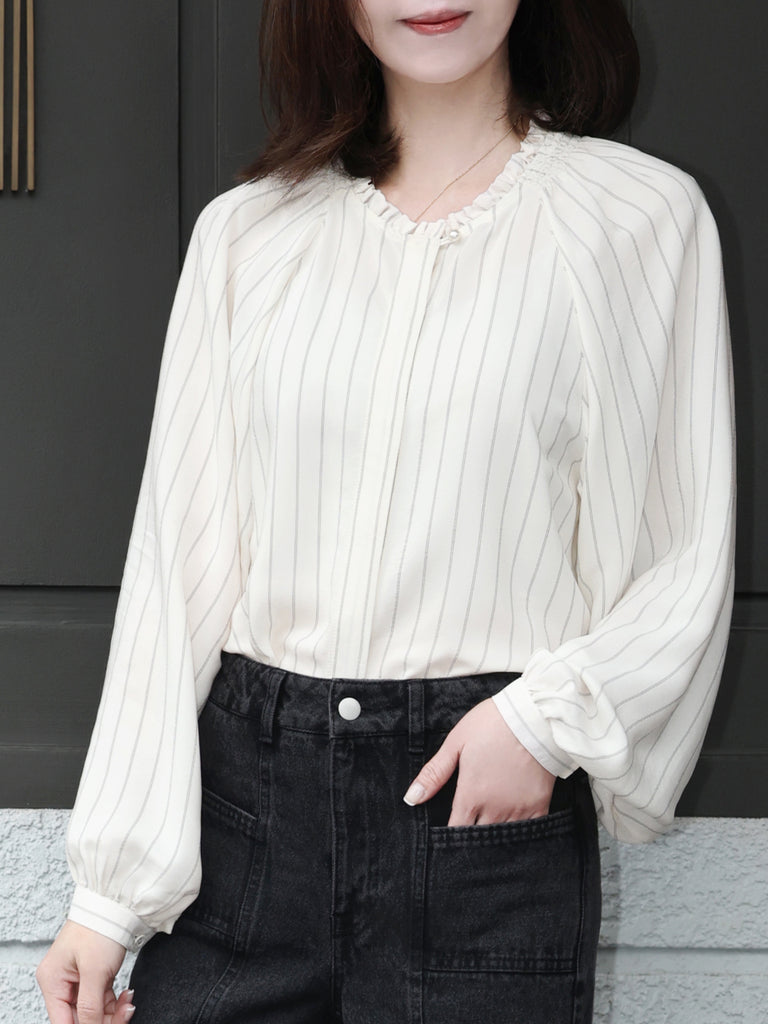 Classic Stripe Ruffle Collar Balloon Raglan Sleeve Silky Blouse