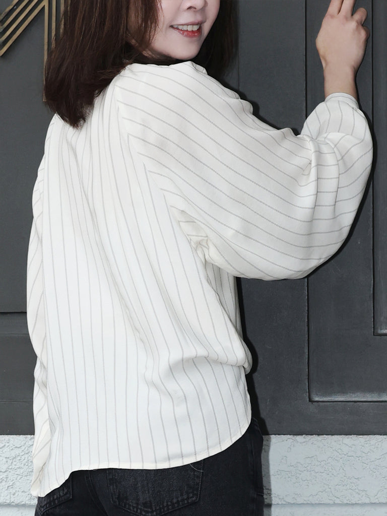 Classic Stripe Ruffle Collar Balloon Raglan Sleeve Silky Blouse