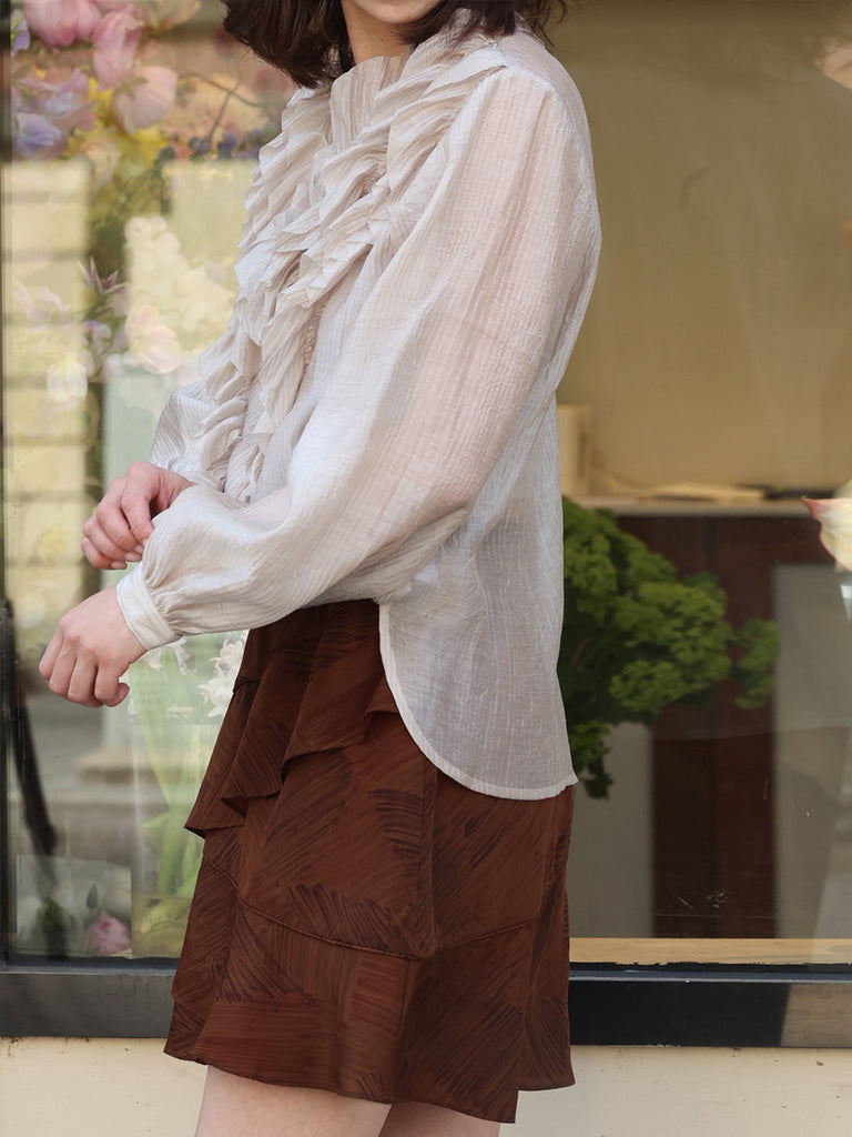 Earthy Brushstroke Tiered Ruffle Elastic Waist Short Skirt