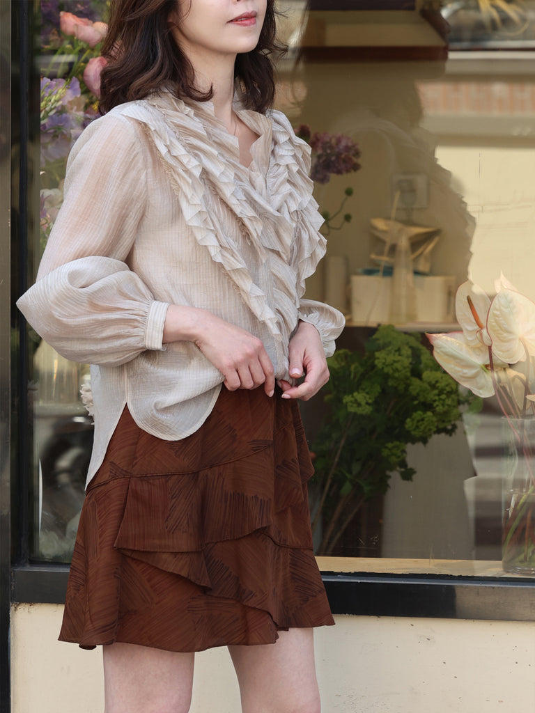 Earthy Brushstroke Tiered Ruffle Elastic Waist Short Skirt