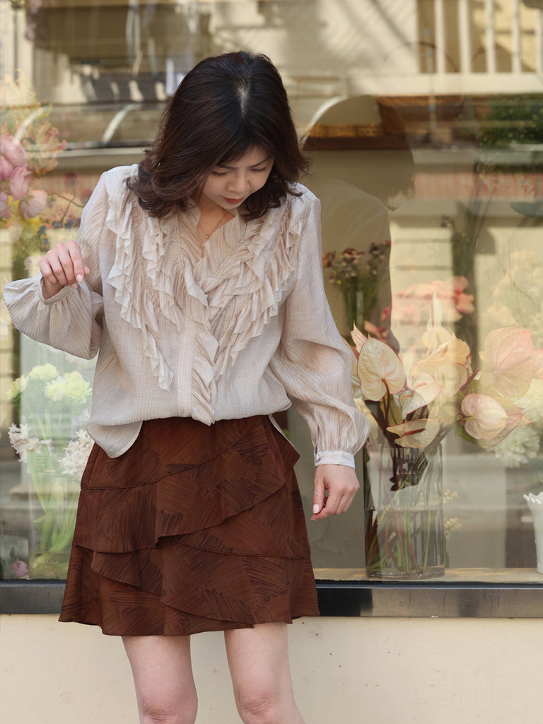 Earthy Brushstroke Tiered Ruffle Elastic Waist Short Skirt