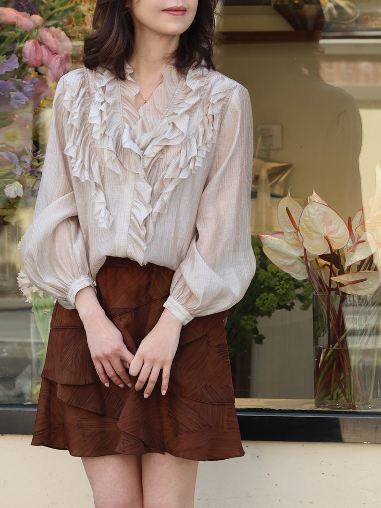 Earthy Brushstroke Tiered Ruffle Elastic Waist Short Skirt