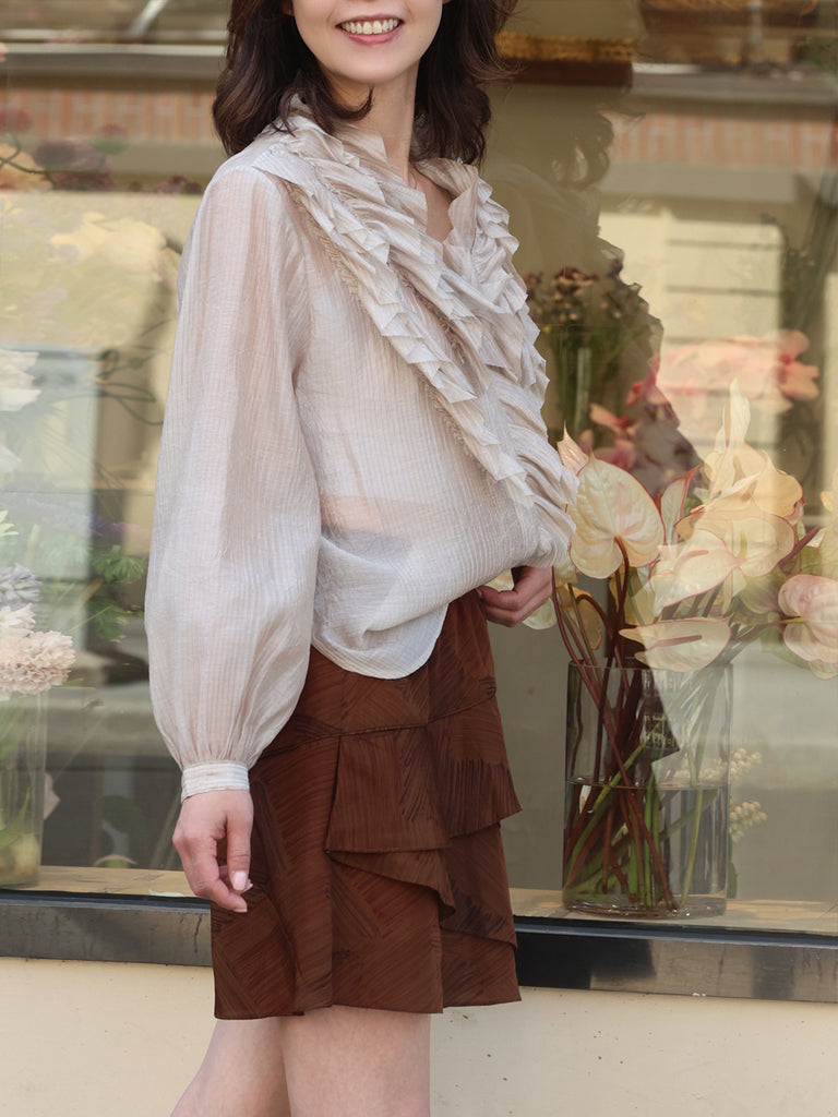 Earthy Brushstroke Tiered Ruffle Elastic Waist Short Skirt