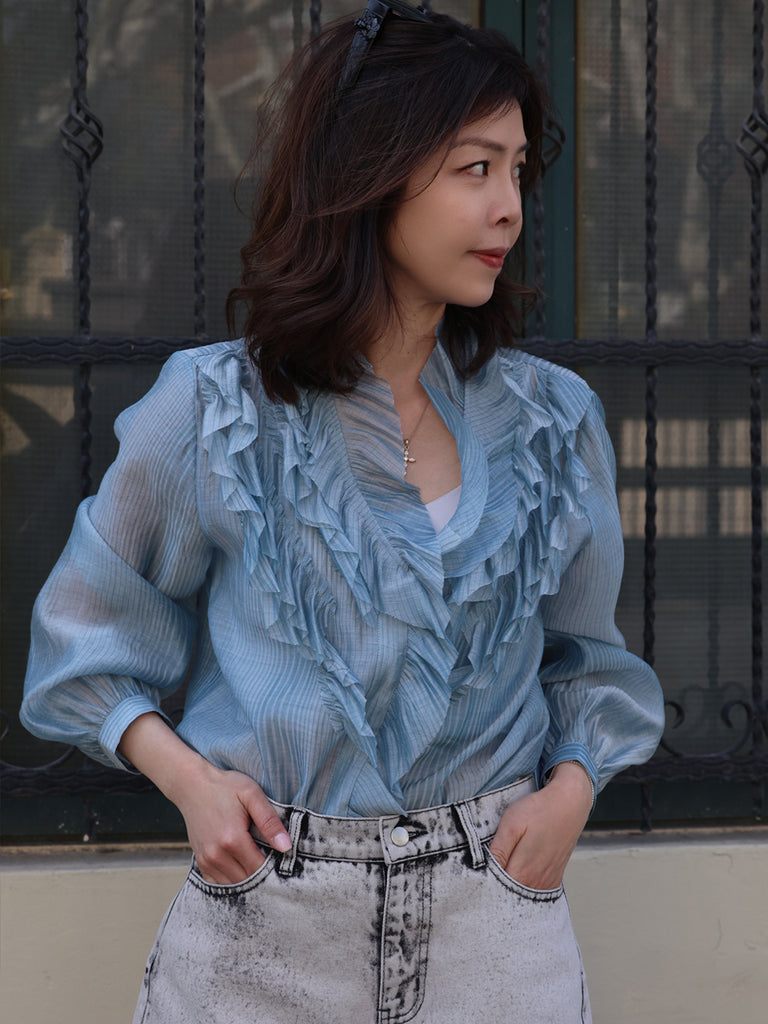 Blue Stripe V-neck Ruffles Crinkled Cotton-Silk Blouse