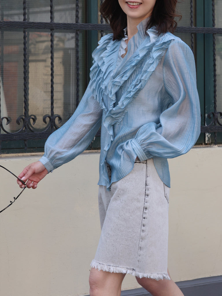 Blue Stripe V-neck Ruffles Crinkled Cotton-Silk Blouse