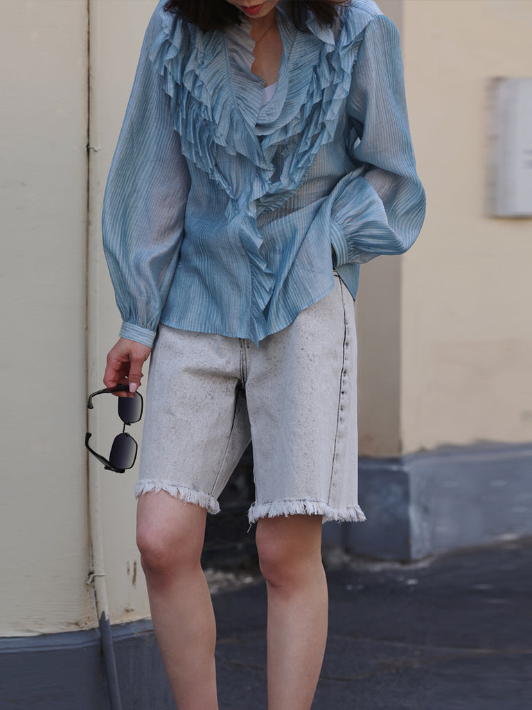 Blue Stripe V-neck Ruffles Crinkled Cotton-Silk Blouse