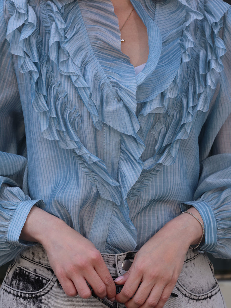 Blue Stripe V-neck Ruffles Crinkled Cotton-Silk Blouse