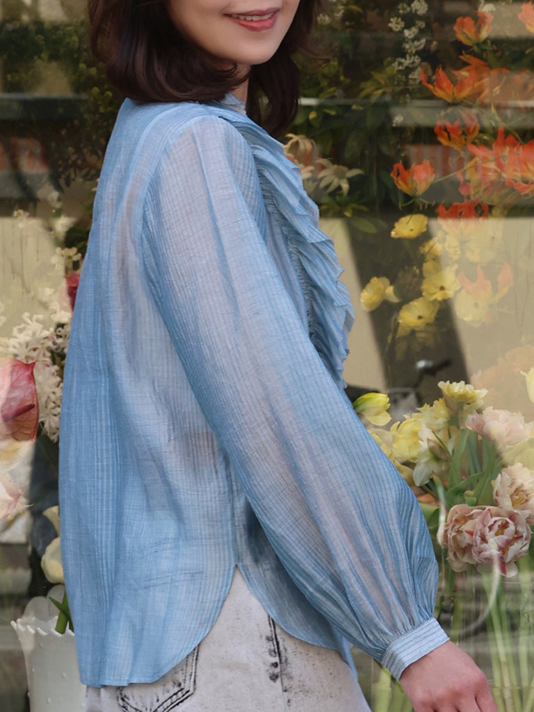 Blue Stripe V-neck Ruffles Crinkled Cotton-Silk Blouse