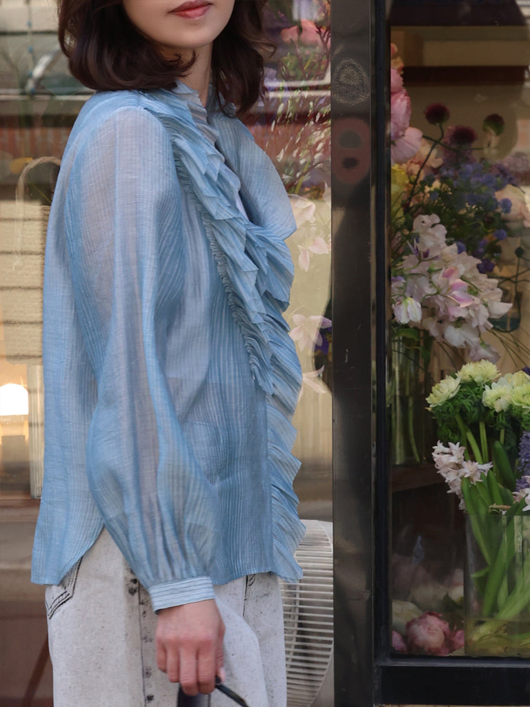 Blue Stripe V-neck Ruffles Crinkled Cotton-Silk Blouse