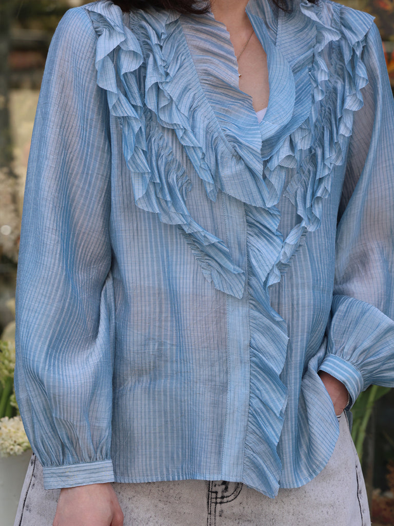 Blue Stripe V-neck Ruffles Crinkled Cotton-Silk Blouse