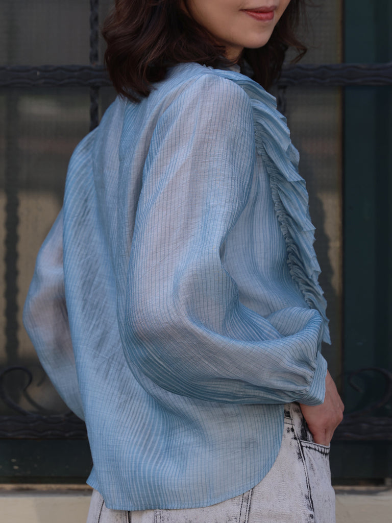Blue Stripe V-neck Ruffles Crinkled Cotton-Silk Blouse