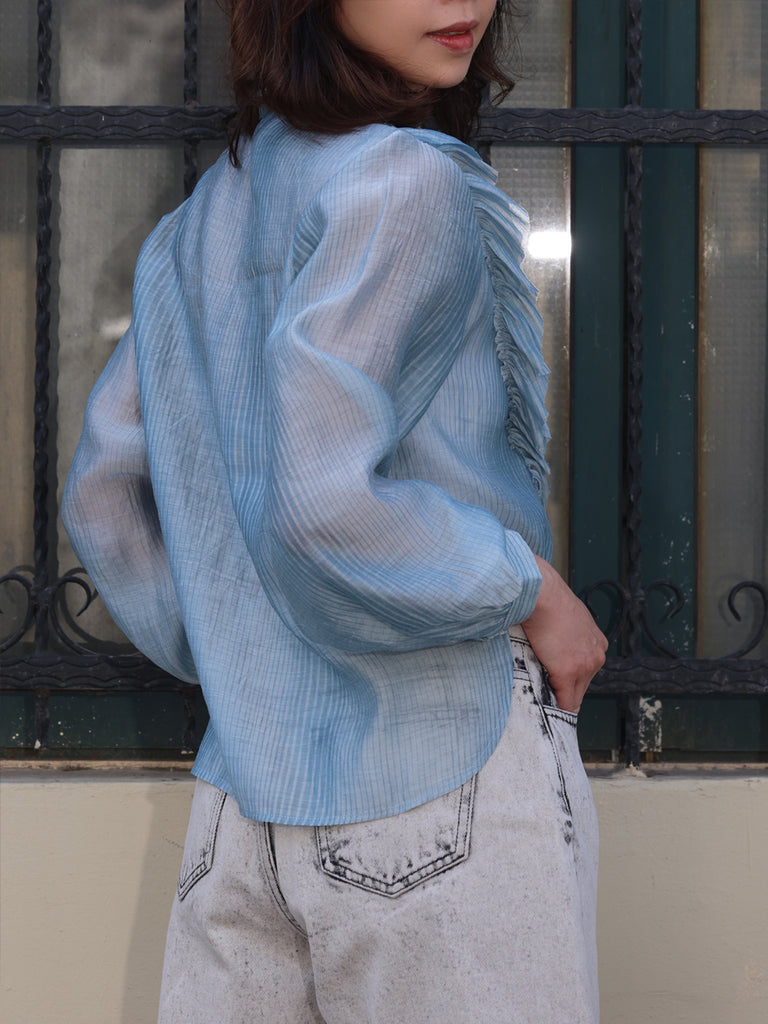 Blue Stripe V-neck Ruffles Crinkled Cotton-Silk Blouse