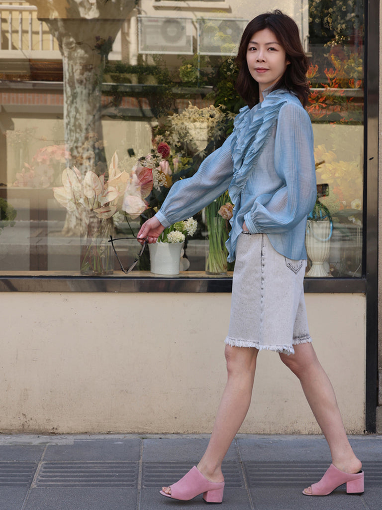 Blue Stripe V-neck Ruffles Crinkled Cotton-Silk Blouse