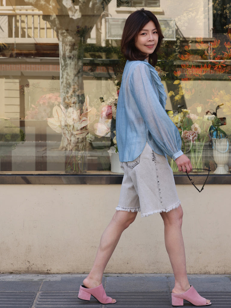 Blue Stripe V-neck Ruffles Crinkled Cotton-Silk Blouse