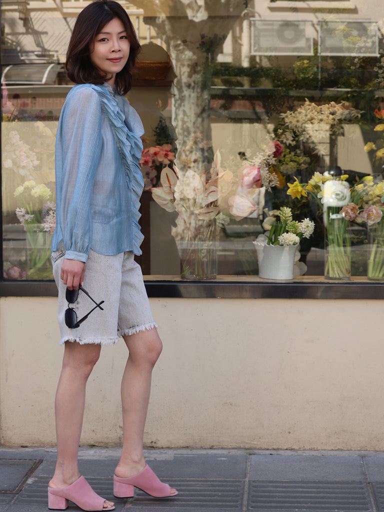 Blue Stripe V-neck Ruffles Crinkled Cotton-Silk Blouse