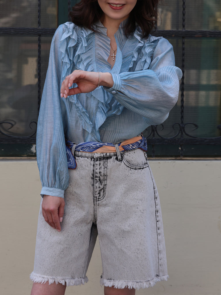 Blue Stripe V-neck Ruffles Crinkled Cotton-Silk Blouse
