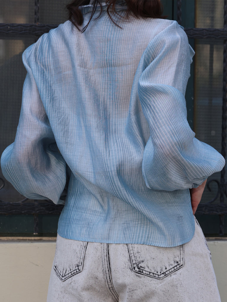 Blue Stripe V-neck Ruffles Crinkled Cotton-Silk Blouse