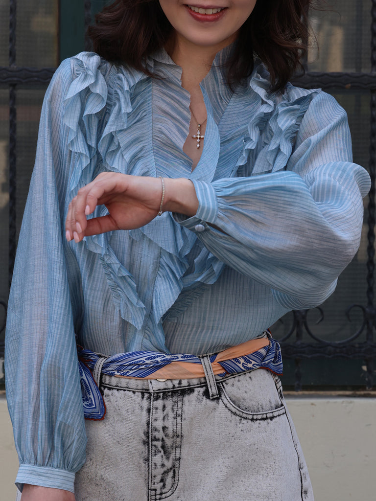 Blue Stripe V-neck Ruffles Crinkled Cotton-Silk Blouse