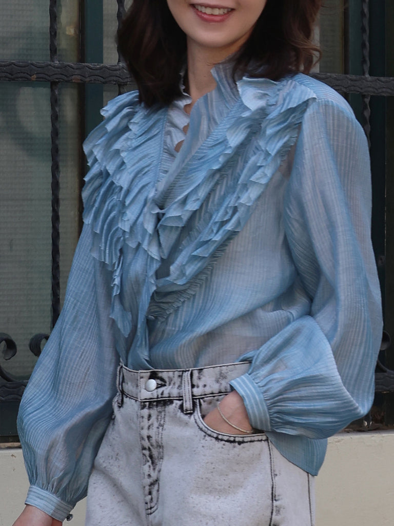 Blue Stripe V-neck Ruffles Crinkled Cotton-Silk Blouse