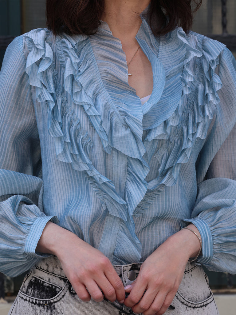 Blue Stripe V-neck Ruffles Crinkled Cotton-Silk Blouse