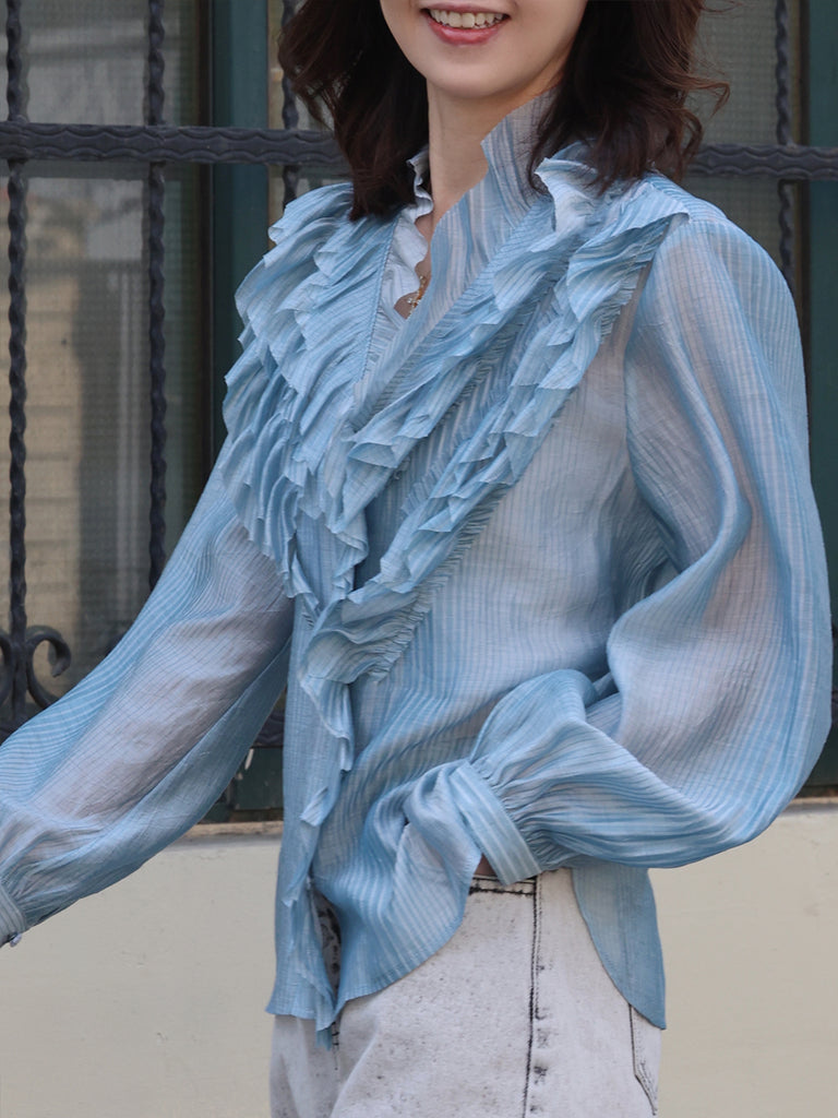 Blue Stripe V-neck Ruffles Crinkled Cotton-Silk Blouse