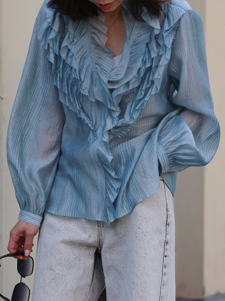Blue Stripe V-neck Ruffles Crinkled Cotton-Silk Blouse