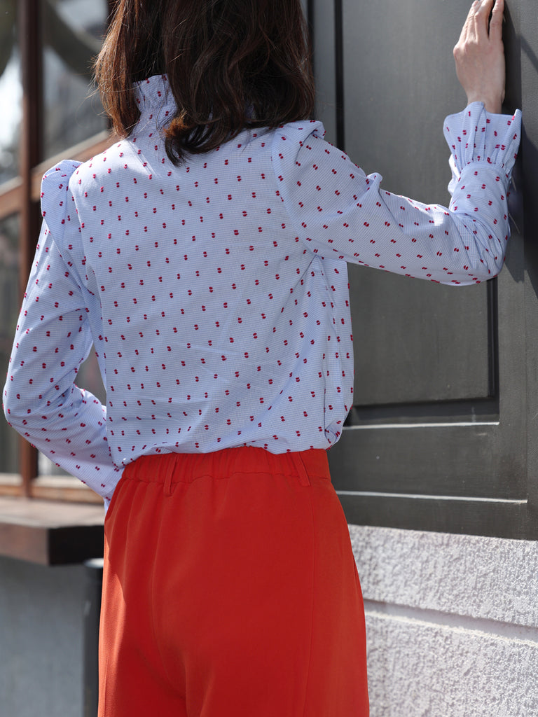 Textured Clip Dots Gingham Flare Cuff Cotton Shirt