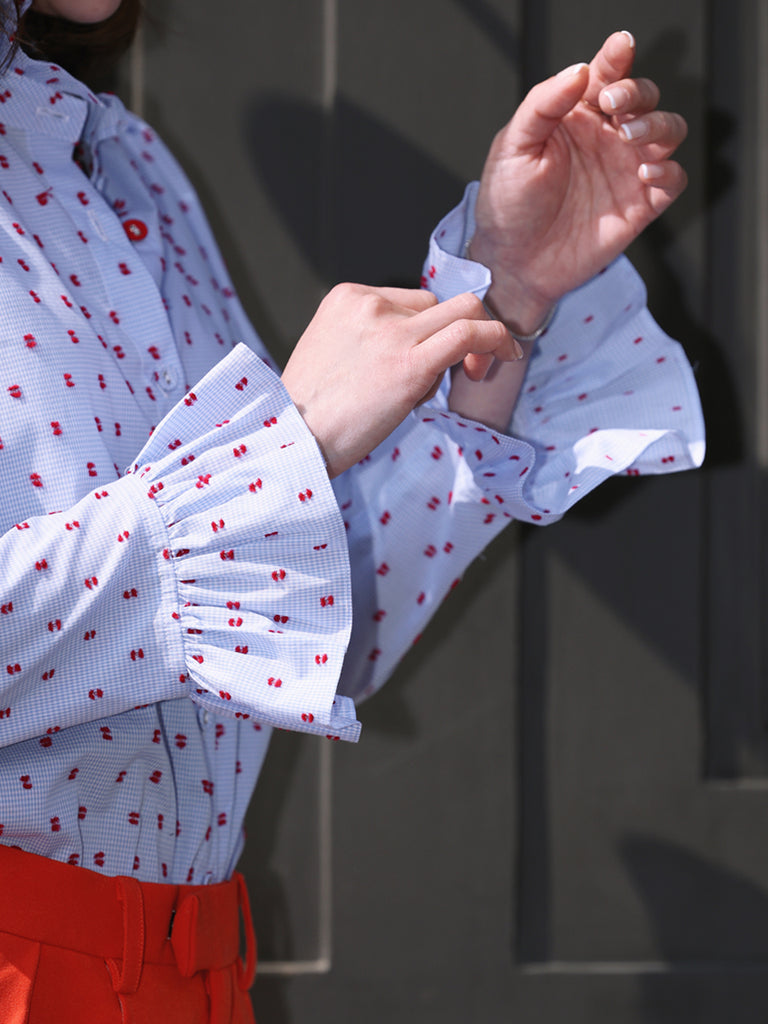 Textured Clip Dots Gingham Flare Cuff Cotton Shirt