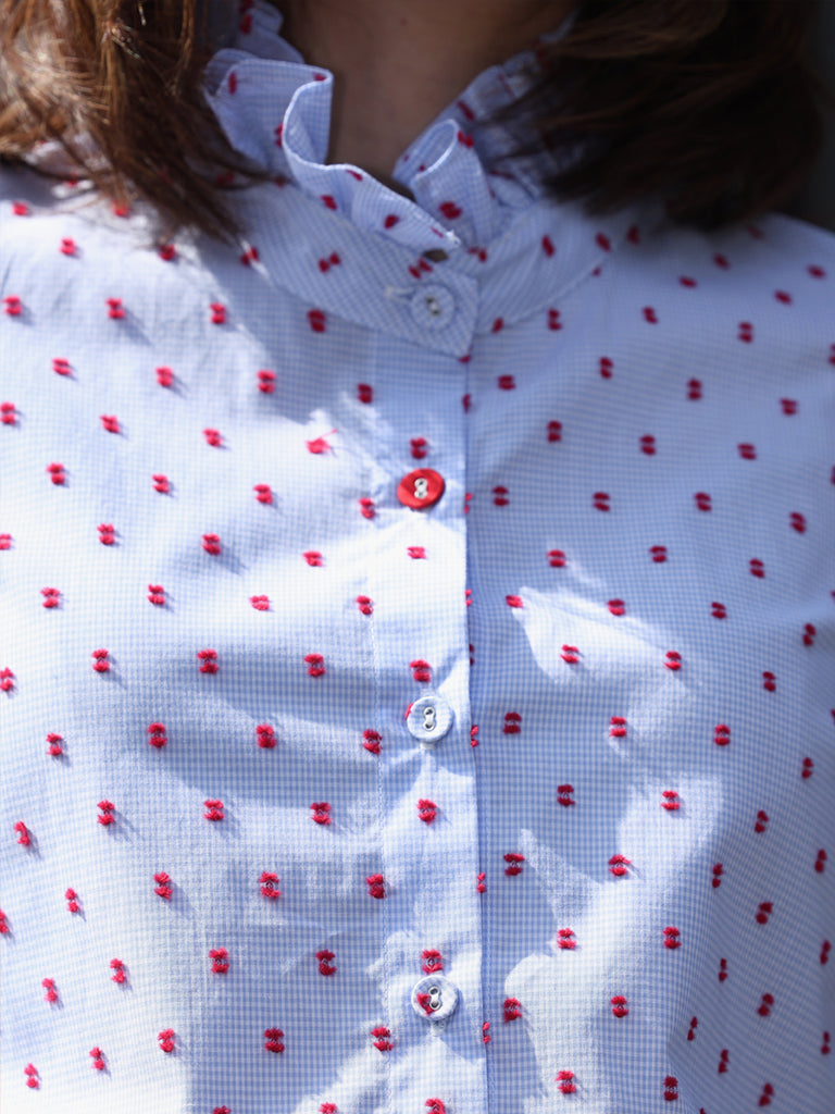 Textured Clip Dots Gingham Flare Cuff Cotton Shirt