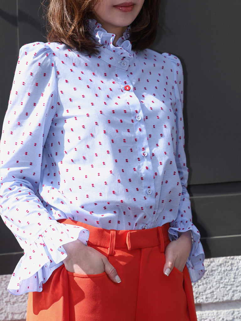 Textured Clip Dots Gingham Flare Cuff Cotton Shirt