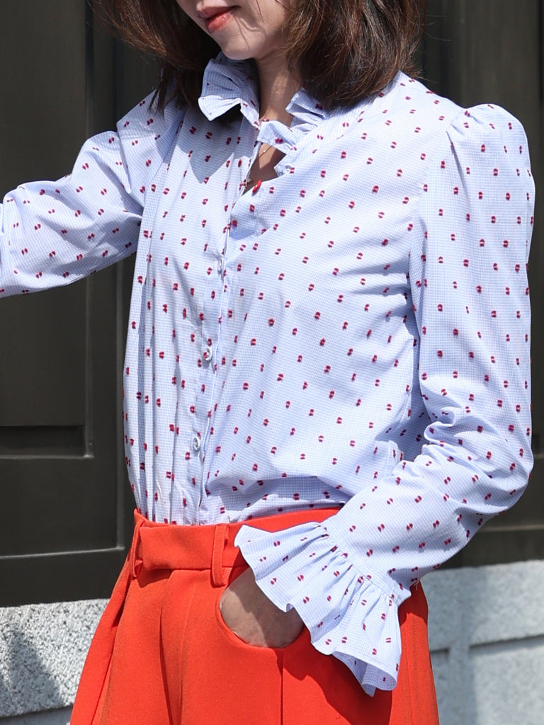 Textured Clip Dots Gingham Flare Cuff Cotton Shirt