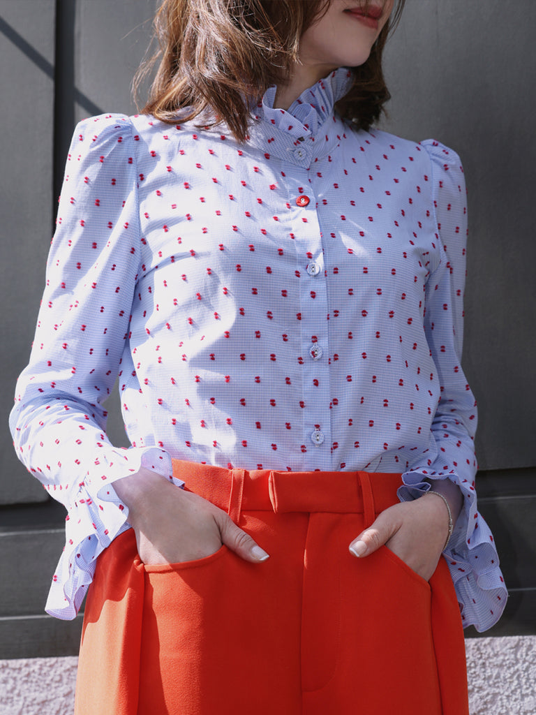Textured Clip Dots Gingham Flare Cuff Cotton Shirt