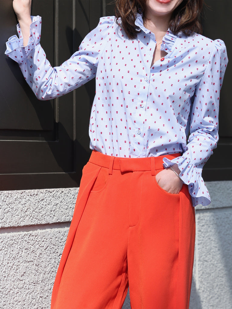 Textured Clip Dots Gingham Flare Cuff Cotton Shirt