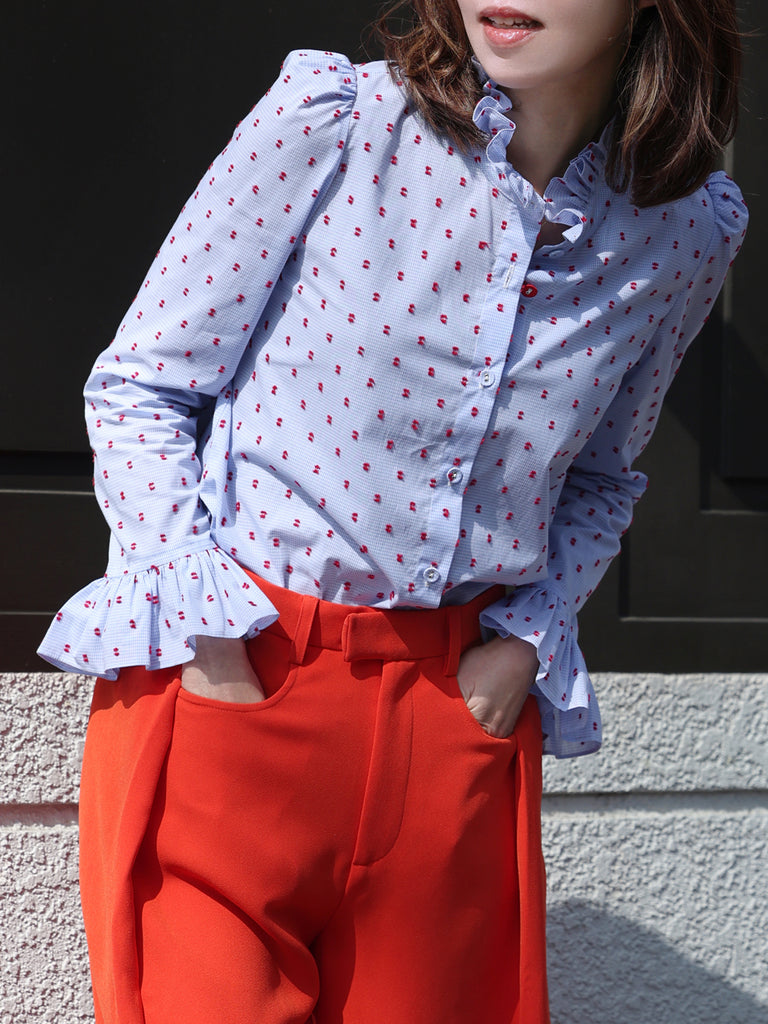 Textured Clip Dots Gingham Flare Cuff Cotton Shirt