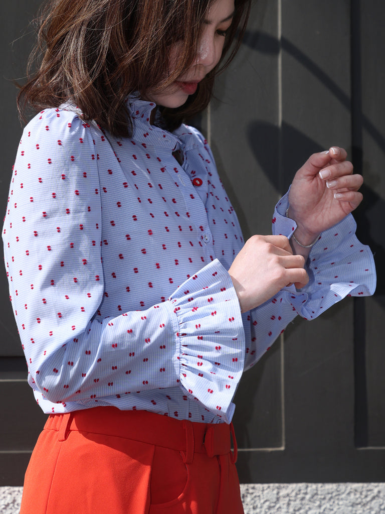 Textured Clip Dots Gingham Flare Cuff Cotton Shirt