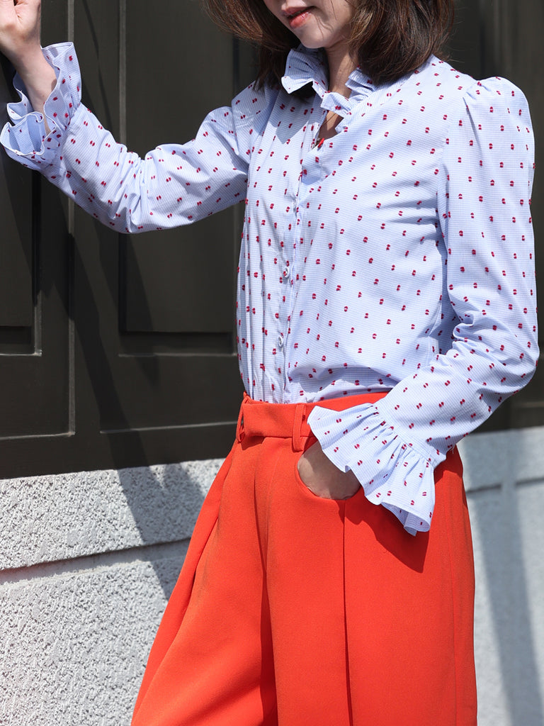 Textured Clip Dots Gingham Flare Cuff Cotton Shirt