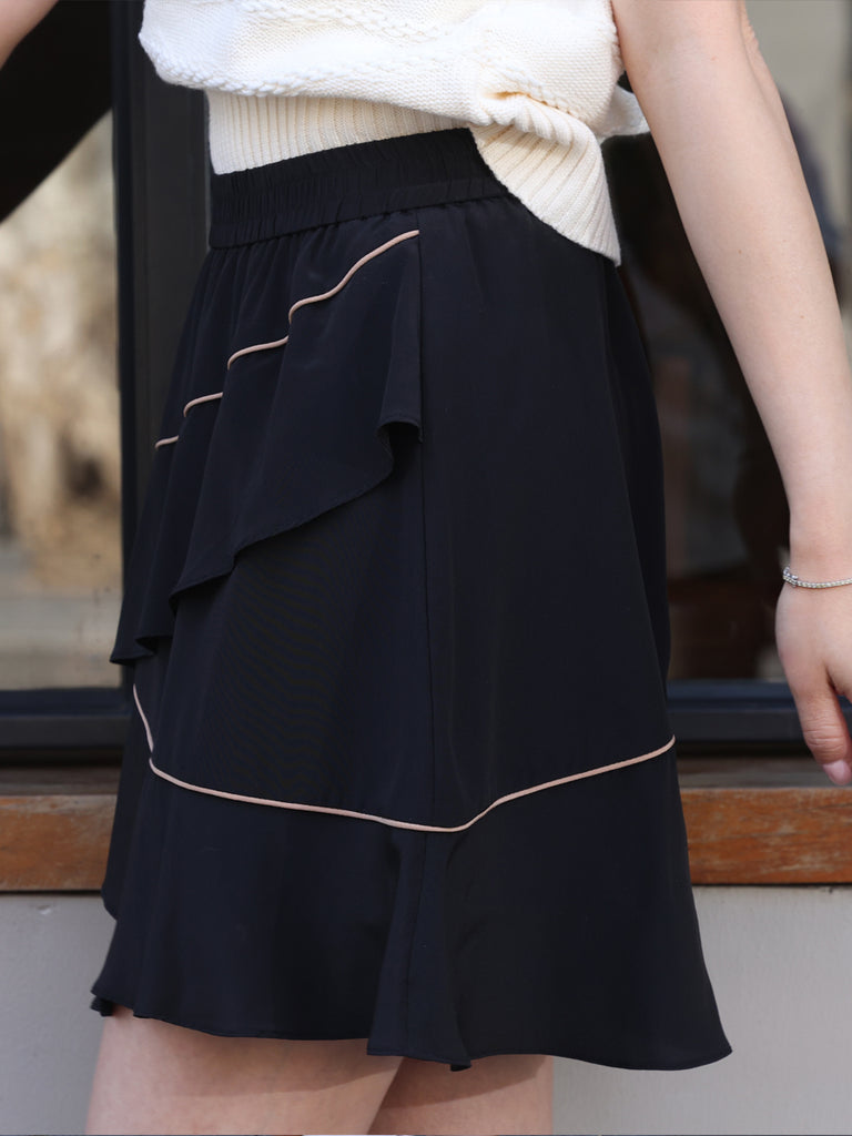 Black Contrast Piping Tiered Ruffle Elastic Waist Short Skirt