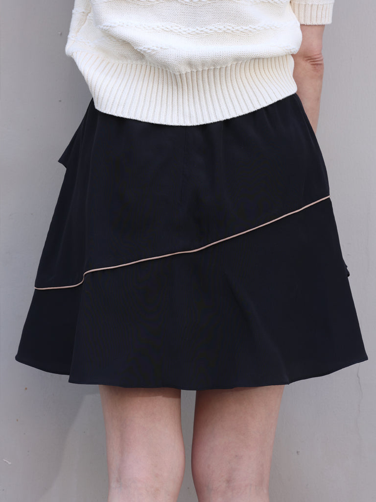 Black Contrast Piping Tiered Ruffle Elastic Waist Short Skirt
