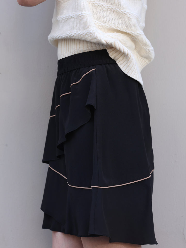 Black Contrast Piping Tiered Ruffle Elastic Waist Short Skirt
