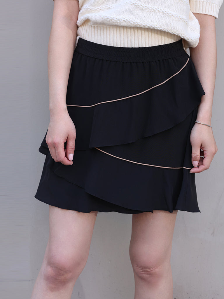Black Contrast Piping Tiered Ruffle Elastic Waist Short Skirt