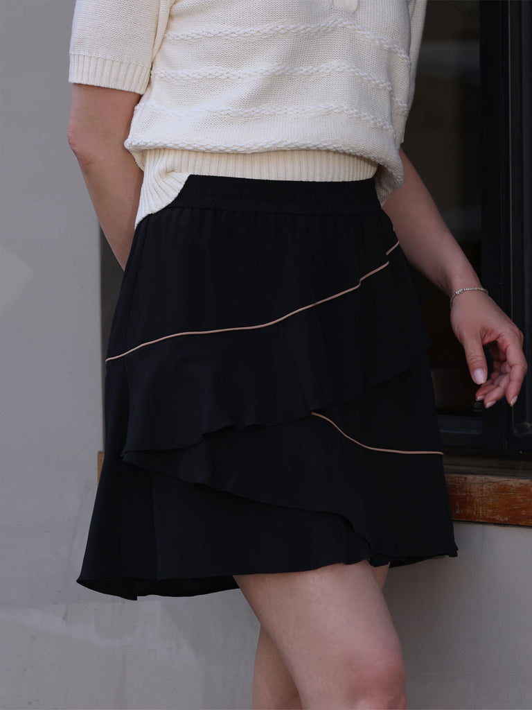 Black Contrast Piping Tiered Ruffle Elastic Waist Short Skirt