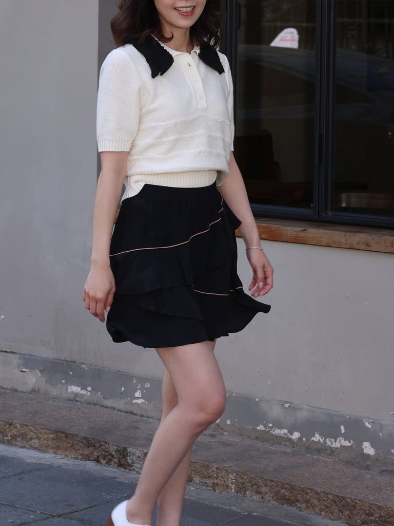Black Contrast Piping Tiered Ruffle Elastic Waist Short Skirt