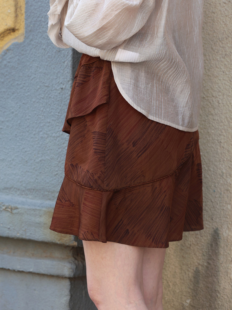 Earthy Brushstroke Tiered Ruffle Elastic Waist Short Skirt