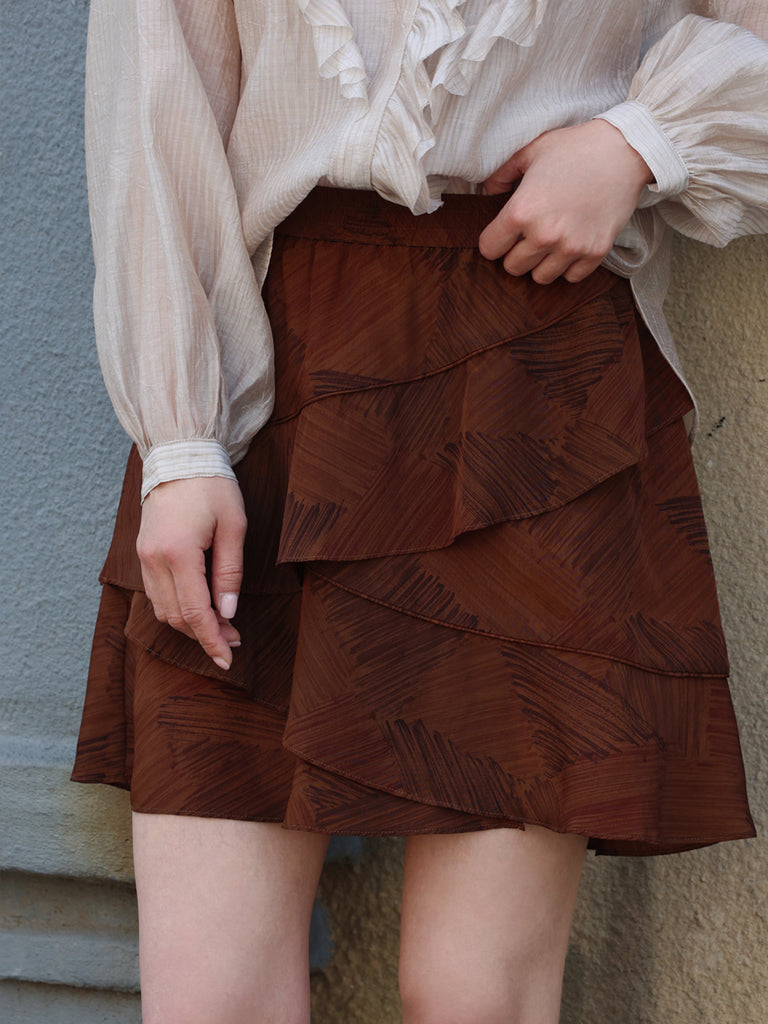 Earthy Brushstroke Tiered Ruffle Elastic Waist Short Skirt
